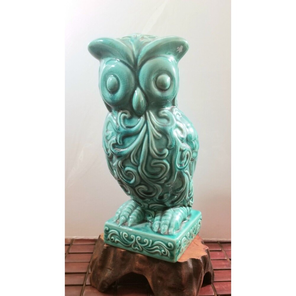 Vintage Midcentury Green Ceramic Owl Statue 11"x5"x4.5"